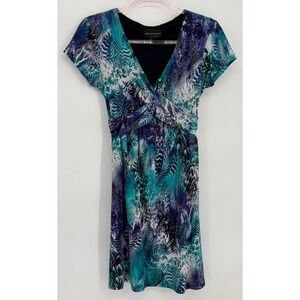 Connected Petite Dress Womens 6P Teal Purple Abstract Animal Print V-Neck Sheath